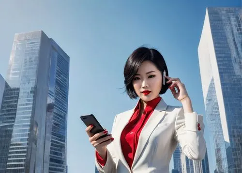 Ada Wong, Chinese, mature lady, solo, (25yo), brown eyes, detailed eyelashes, light makeup, straight black hair, red lipstick, white business suit, black high heels, holding a smartphone, standing, of