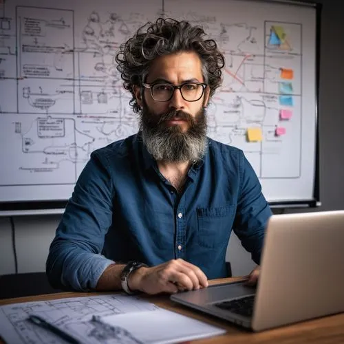 Technical book, software architecture, engineering approach, solo male author, 40yo, glasses, beard, messy hair, casual wear, holding laptop, standing in front of a whiteboard filled with diagrams and