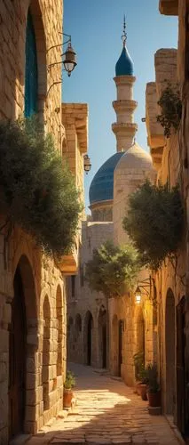 Ancient Palestinian city, stone buildings, intricate arches, ornate Islamic patterns, domed mosques, narrow cobblestone streets, vibrant market stalls, colorful textiles, traditional clothing, hijabs,