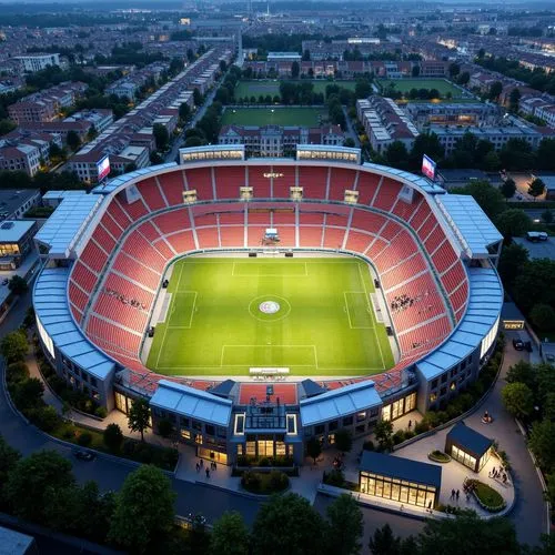 Vibrant football stadium, social housing complex, curved lines, dynamic shapes, bold color schemes, metallic materials, LED lighting systems, cantilevered roofs, open-air balconies, communal green spa