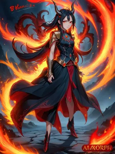 Una chica joven demonio con un cuerno en la frente ojos rojos pelo negro animal que emanan un aura de fuego rojo su mirada fría y penetrante ,azula,vayne,azzahar,nezha,alucard,dalixia,cinder,yuzhin,ar