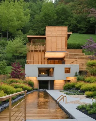 an outdoor house is decorated with plants and wood,fallingwater,corten steel,japanese garden ornament,japanese garden,snohetta,amanresorts,landscaped,asian architecture,cantilevers,meadowood,bohlin,la