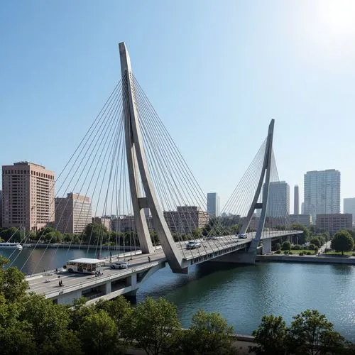 Futuristic vehicular bridge, sleek metallic structures, dynamic arches, suspension systems, cantilevered sections, ribbed concrete foundations, cable-stayed towers, angular piers, modern urban landsca