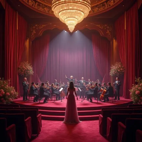 Theater interior, luxurious velvet curtains, Heliotrope (purple-pink) accent walls, ornate golden frames, red carpet, grand staircase, crystal chandelier, dramatic spotlights, actress in elegant eveni