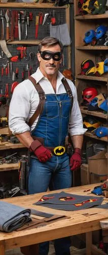 Middle-aged man, muscular build, standing, workshop, superhero suit maker, rugged facial features, short brown hair, goggles on forehead, leather apron, white shirt, blue jeans, tool belt around waist