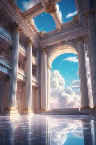 beautiful wide shot of the inside of Corinthian building floating in the clouds, clouds litter the floors as it floats through the sky, chromatic aberration, dreamy, prismatic ,virtual landscape,atlan