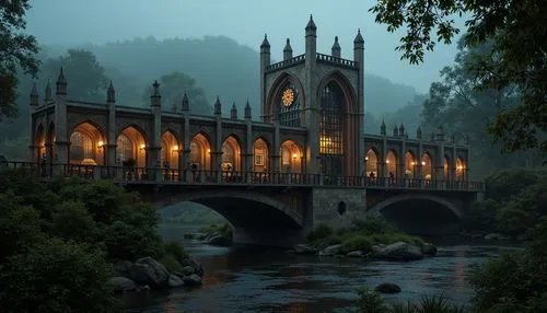 Mysterious Gothic bridge, dark stone arches, ornate ironwork, misty foggy atmosphere, eerie twilight, warm golden lighting, rich brown wood accents, intricate carvings, pointed towers, grandiose archi