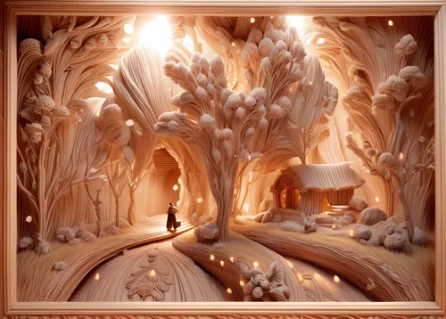 wood art,wood carving,ice hotel,carved wood,mandelbulb,ornamental wood,wood mirror,3d fantasy,paper art,natural wood,mushroom landscape,ice cave,wooden construction,wooden mockup,in wood,wood diamonds,glacier cave,wood frame,made of wood,sand art