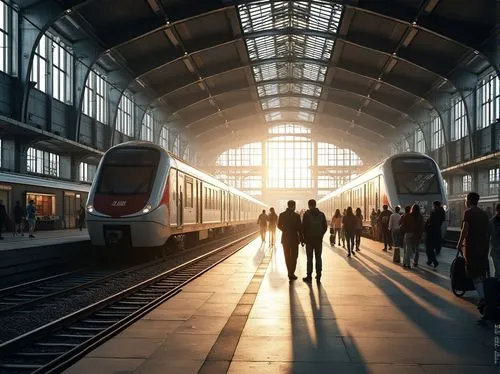 Grand train station, high ceilings, large windows, natural light pouring in, sleek modern architecture, metallic beams, concrete floors, steel columns, urban cityscape, busy streets, morning rush hour