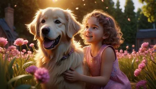 girl with dog,little boy and girl,boy and dog,children's background,golden retriever,tenderness,dog pure-breed,little girl in pink dress,girl and boy outdoor,dog breed,australian shepherd,cute cartoon image,golden retriver,goldens,love for animals,samen,companion dog,flower background,innocence,disneynature,Photography,Artistic Photography,Artistic Photography 10