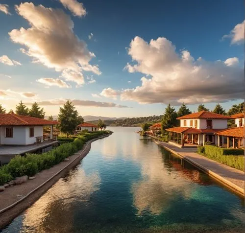 a picture of the river with houses in front,ulun danu,struga,turkovic,bihac,house by the water,ohrid,Photography,General,Realistic