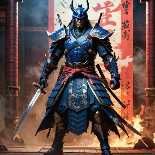 Imagine japanese devil samurai standing majestically with kitana, highly detailed, intricate details, symmetrical, digital 3d, hard surface, real time, vfx, trending on artstation, ultra hd, hdr, cine