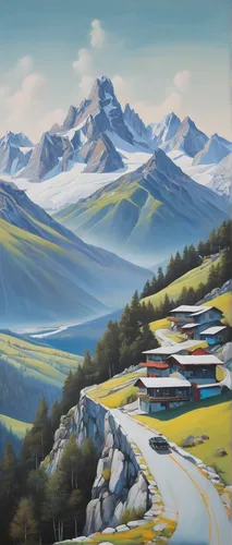 mountain scene,mountainous landscape,alpine pastures,alpine village,mountain village,mountain landscape,mountain settlement,mountain huts,mountain valley,the landscape of the mountains,alpine region,home landscape,panoramic landscape,qinghai,landscape background,salt meadow landscape,high landscape,rural landscape,alps elke,berge stahl,Illustration,Realistic Fantasy,Realistic Fantasy 24