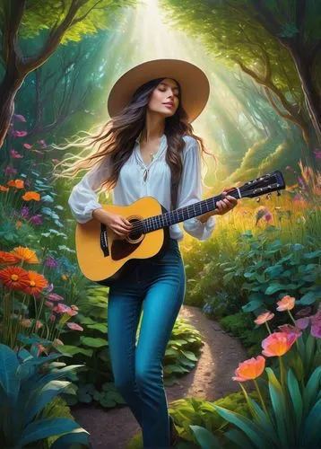 guitar,woman playing,serenade,serenata,playing the guitar,girl in flowers,Illustration,Abstract Fantasy,Abstract Fantasy 01