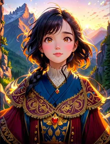 the sky is ablaze with oranges and pinks as a delicate caucasian girl with long, flowing black hair, warm brown eyes, and piercing orange eyes stands tall in the heart of an ancient mountain range. Th