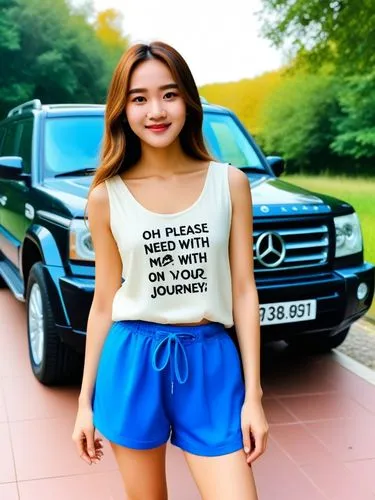 Oh please, I need you to take me with you on your great journey!,a woman standing on a street wearing short blue shorts,girl in t-shirt,volvo,lada,car model,asian girl,girl and car