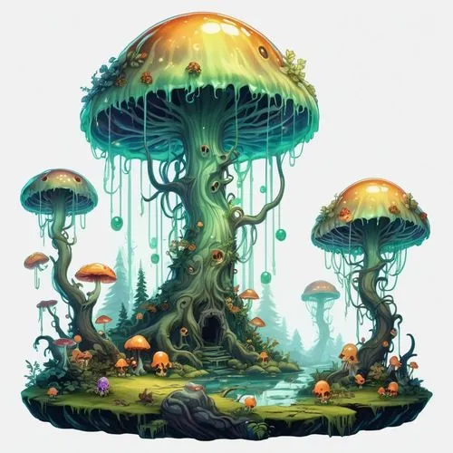 mushroom landscape,mushroom island,tree mushroom,conocybe,forest mushroom,psilocybe,Illustration,Abstract Fantasy,Abstract Fantasy 11