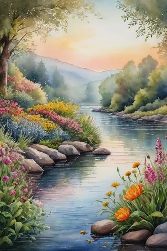 river landscape,landscape background,watercolor background,nature landscape,brook landscape,nature background,river bank,flower painting,landscape nature,meadow landscape,springtime background,meadow in pastel,background view nature,beautiful landscape,home landscape,fantasy landscape,watercolorist,a river,mountain river,watercolor painting,Photography,General,Fantasy