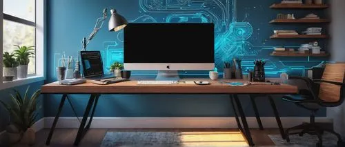 computer desk,apple desk,blur office background,computer workstation,wooden desk,desk,desktop computer,fractal design,working space,blue lamp,computer art,computer room,desk lamp,imac,modern decor,office desk,secretary desk,modern office,creative office,writing desk,Illustration,Retro,Retro 07