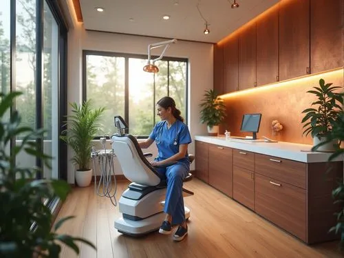 Copper infused dental clinic interior, modern architecture, sleek lines, copper accents, copper oxide finish, wooden floors, white walls, large windows, natural light, plants, dentist chair, copper-pl