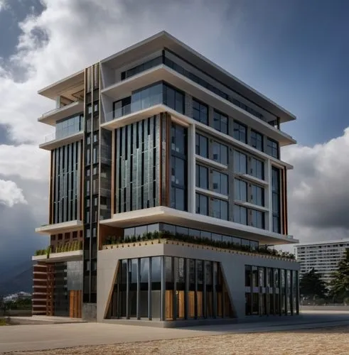 an image of a tall building on a cloudy day,kigali,modern building,technopark,new building,modern architecture,modern office,Photography,General,Realistic