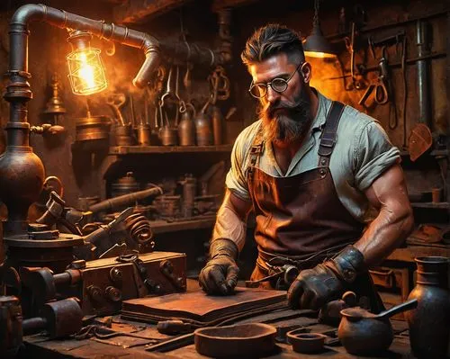 blacksmith,tinsmith,metalsmith,craftsman,steelworker,metalworking,metallurgy,craftsmen,artisan,mechanic,potter's wheel,woodworker,gunsmith,a carpenter,candlemaker,sculptor,watchmaker,silversmith,foundry,metal lathe,Illustration,Japanese style,Japanese Style 12