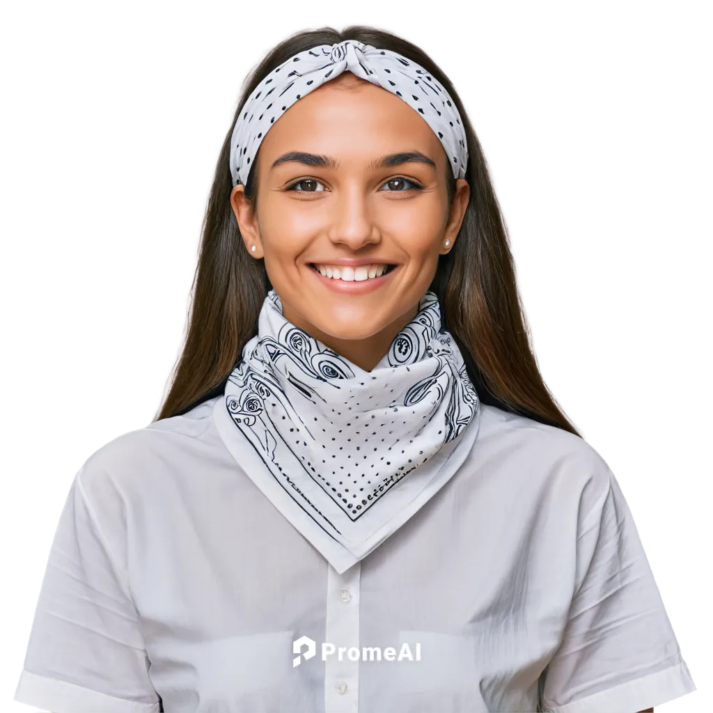 White bandana pattern, folded triangular shape, soft fabric texture, subtle wrinkles, casual wear, around neck, relaxed posture, warm skin tone, gentle smile, slight facial close-up, shallow depth of 