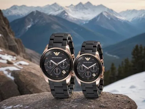 two watch faces are seen on the edge of two rock,bugaboos,audemars,panerai,skymasters,watzmann southern tip,mountaineers