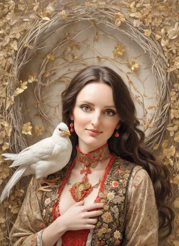 A fascinating medieval painting in the style of Jim Fitzpatrick, depicting a romantic country girl with her hair arranged in the form of a large oblong bird's nest. Gold ribbons hang from the edges of