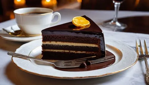 On an exquisite Viennese table, a rich Sachertorte glistens with a dark chocolate glaze, reflecting the grandeur of an Austrian palace. The scene is warmed by soft lighting, with a delicate silver for