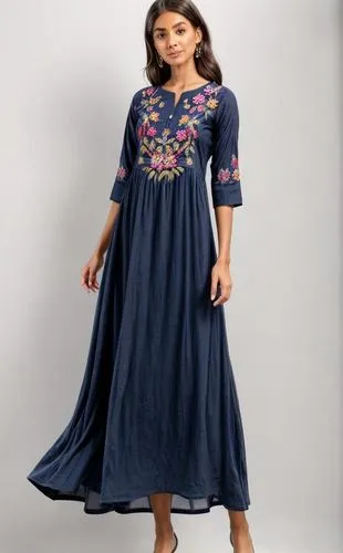 three quarter sleeve, suzani embroidery placement, navy maxi jersey dress, scoop neeck,country dress,women's clothing,girl in a long dress,vintage dress,day dress,bridal party dress,hoopskirt,women cl