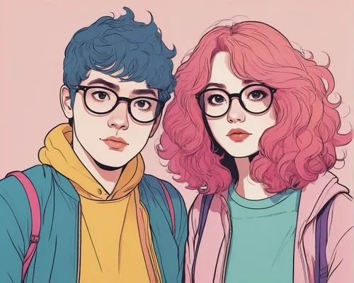 Cute, cartoonish, rounded faces, large eyes, vibrant hair colors, colorful outfits, minimalist backgrounds, simple shapes, bold lines, flat design, playful expressions, youthful energy, pastel colors,