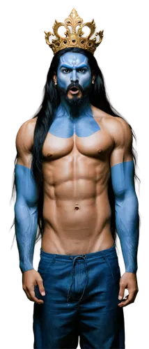 Lord Mahadev, Indian god, muscular build, blue skin, long black hair, beard, mustache, golden crown, multiple arms, angry expression, dramatic lighting, smoke background, 3/4 composition, cinematic an