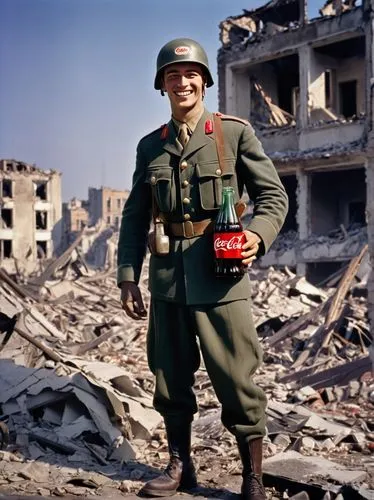 Coca Cola advertisement, World War II era, 1940s soldier, muscular man, military uniform, helmet, holding Coca Cola bottle, smiling, standing in front of a destroyed building, war-torn cityscape, Euro