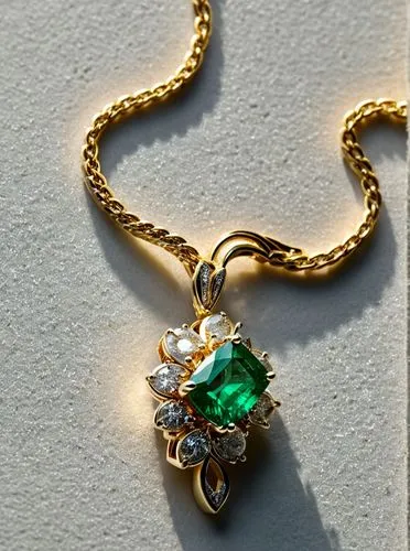 A pendant emerald and marques diamond, high quality, high resolution, ultra details,8k,a close up of a gold chain necklace with a green gemstone center,cuban emerald,mouawad,jauffret,boucheron,diamond