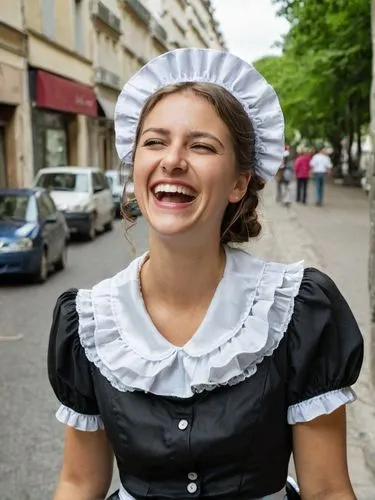 A 30-year-old French maid laughing her head off on the street.,a woman in black dress and bonnet smiling on street,francophile,frenchwoman,dirndl,parisienne,frenchwomen,fraulein,Photography,Documentar