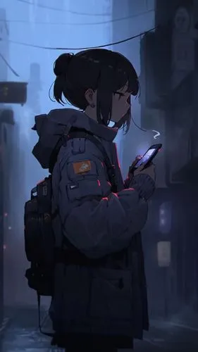 handheld,cyberpunk,searching,phone,connected,mobile device,cell phone,dusk background,parka,messenger,texting,watch phone,mobile,on the phone,walkman,woman holding a smartphone,girl studying,backpack,signal,nomad