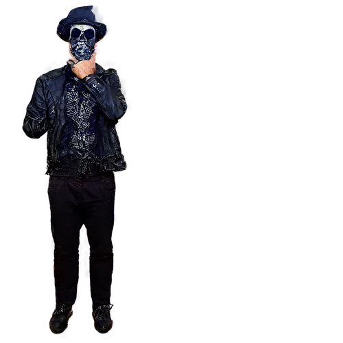 Skeleton, calavera, male, bearded, menacing eyes, skull face paint, black hat, worn leather jacket, crossed arms, standing, spooky atmosphere, dim lighting, cinematic composition, shallow depth of fie