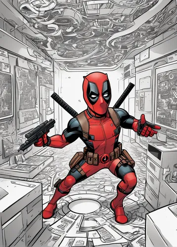 dead pool,deadpool,marvel comics,coloring picture,comic book,digital compositing,crossbones,comicbook,superhero background,comic hero,coloring page,red hood,red super hero,coloring,comic books,concept art,comic book bubble,the suit,compartment,cartoon video game background,Illustration,Black and White,Black and White 05