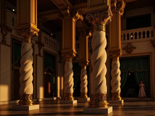 Ornate column, twisted flutes, gilded capitals, lavish carvings, marble materials, intricate moldings, curved silhouettes, dramatic shadows, warm golden lighting, high-contrast textures, ornamental de