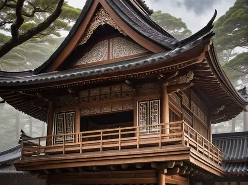 Wooden roof, traditional Japanese, curved tiles, rustic brown color, ornate carvings, intricate wooden patterns, majestic temple, serene forest surroundings, misty morning atmosphere, warm soft lighti