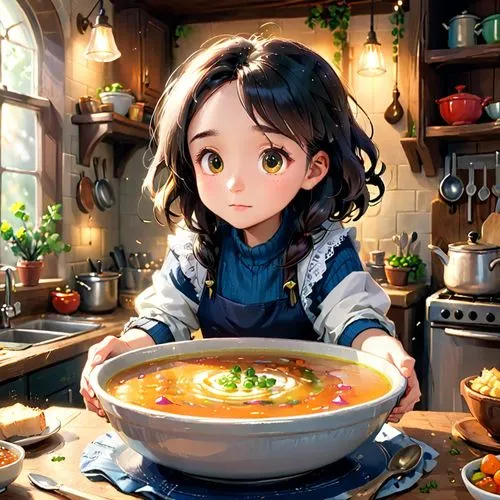 jjigae,soup,girl in the kitchen,tomato soup,minestrone,ezogelin soup,potato soup,noodle soup,étouffée,sundubu jjigae,miso,vegetable soup,girl with bread-and-butter,miso soup,laksa,pumpkin soup,manchow soup,hot pot,cooking book cover,cookery,Anime,Anime,Cartoon