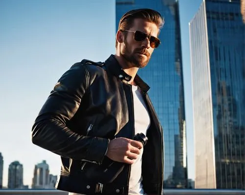 Male photographer, 30s, muscular build, short brown hair, beard, sunglasses, black leather jacket, white shirt, dark jeans, brown boots, holding camera, standing, cityscape, skyscraper, modern buildin