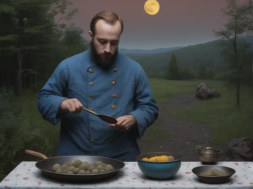 Imagine a comedy skit where Moon Pals attempt to cook a meal using moon rocks, leading to hilarious mishaps.,cooking book cover,chef,men chef,dahl,chef's uniform,dwarf cookin,cookery,painting techniqu