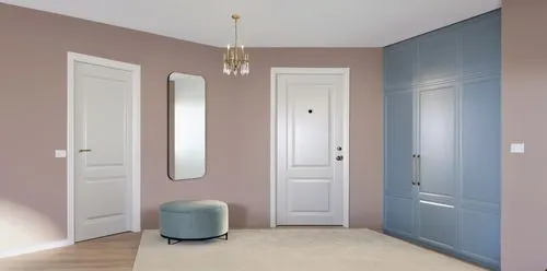 A modern entryway with taupe walls, light wood flooring and a soft beige carpet. White interior door on the left, large rounded rectangular mirror above a small upholstered ottoman in soft blue. A whi