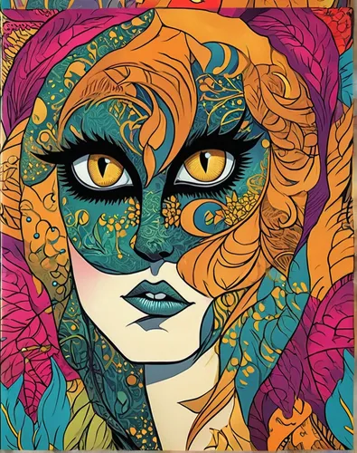 Cat eyes woman.,boho art,psychedelic art,masquerade,art nouveau,art nouveau design,adobe illustrator,tiger lily,popart,gold foil art,mermaid vectors,coloring for adults,gold foil mermaid,cool pop art,