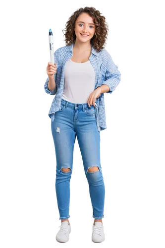 Collaborative girl, holding digital pen, smile, bright blue eyes, curly brown hair, casual wear, ripped jeans, white sneakers, standing, natural pose, relaxed atmosphere, softbox lighting, 3/4 composi