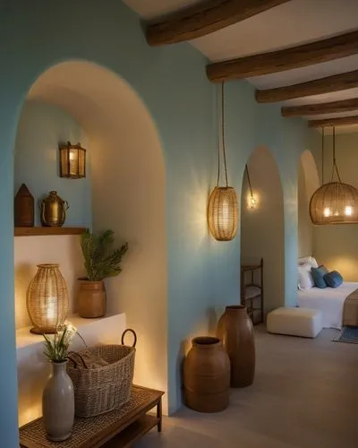 the hallway is made up with two couches and some lamps,masseria,wall lamp,morocco lanterns,table lamps,palmilla,fromental,Photography,General,Realistic