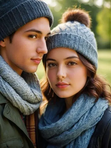 A high resolution portrait of her with boy friend,a young man and woman dressed in warm clothing and scarfs looking at the camera,vintage boy and girl,young couple,girl and boy outdoor,lucaya,beautifu