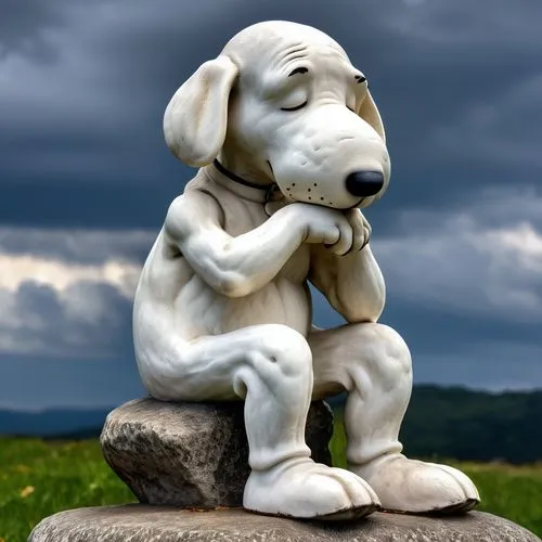 Snoopy imitates the posture of Rodin‘s famous sculpture The Thinker, with a melancholy look. His front legs supported his chin, and his back legs curled up on the stone. His expression was solemn, and